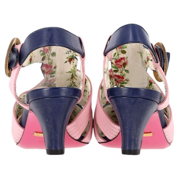 Gucci GG Logo T-Strap Mid-Heeled Sandals in Blue and Pink Leather - Picture 5 of 6
